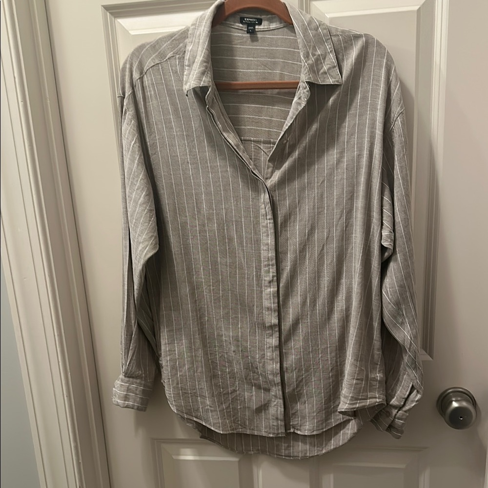 Linen-Blend Taupe Stripe Women’s Button-Up Shirt